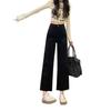 Women's High-Waisted Retro Khaki Cropped Wide-Leg Jeans with Raw Hem