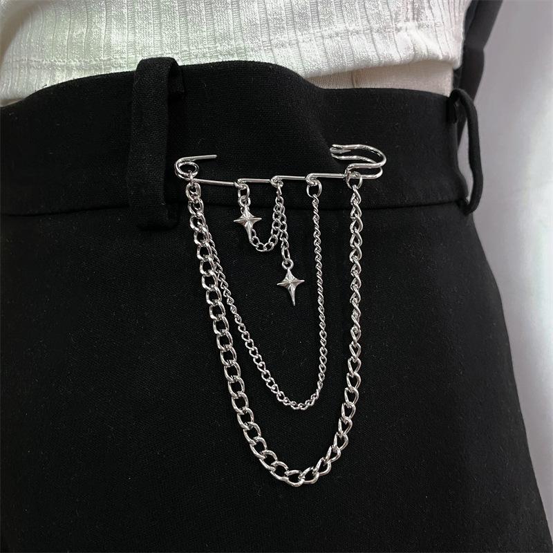 Korean Style Metal Star Chain Brooch for Women Men Suit Decoration Tassel Chain Metal Beads Pin Cloth Jewelry Accessories
