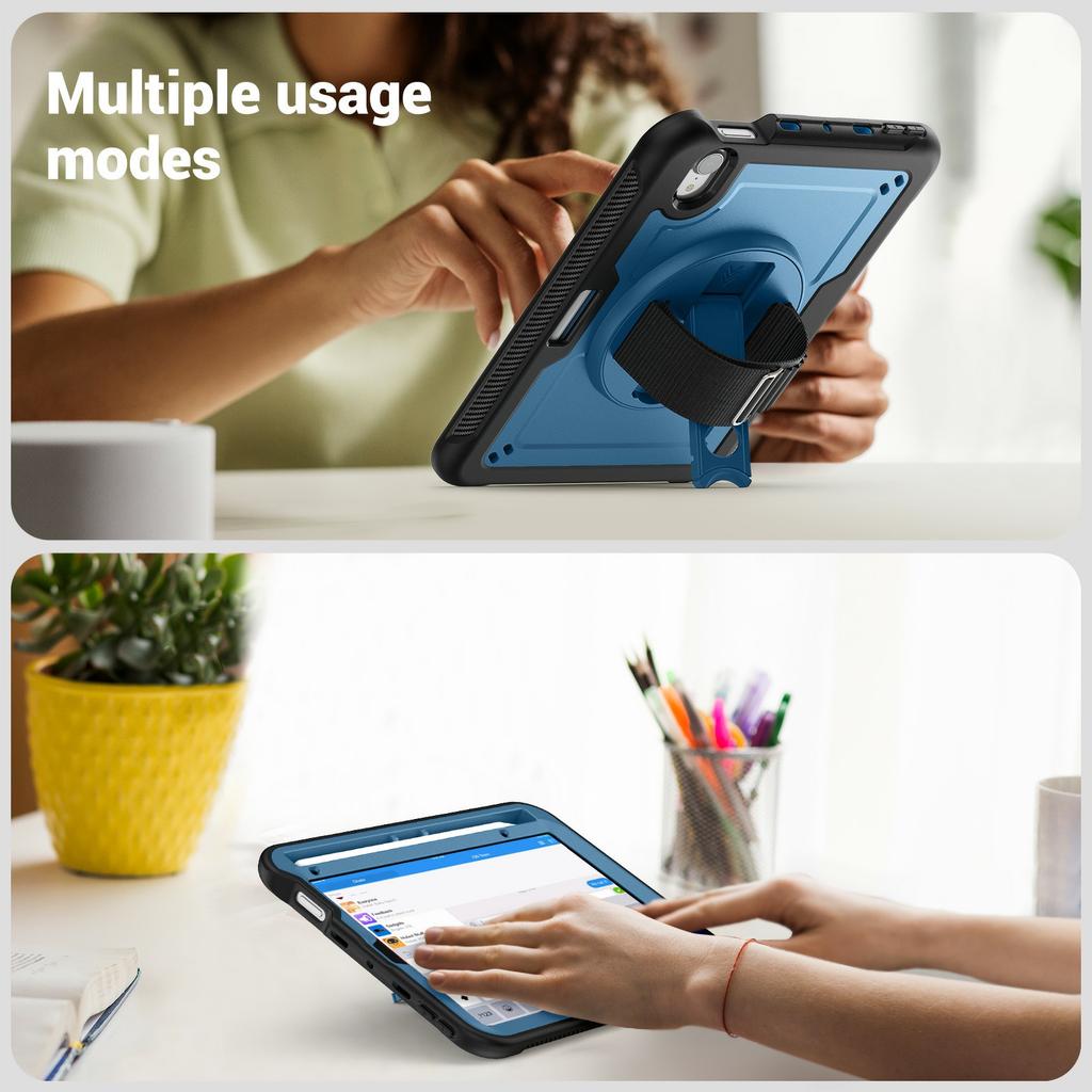 For iPad mini (2024)/(2021) Case Hand Band Kickstand PC + TPU Tablet Cover with Shoulder Strap and Pencil Holder