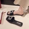 Square head flat bottom slippers women's summer new rhinestone square buckle one word cool slippers women's rhinestone
