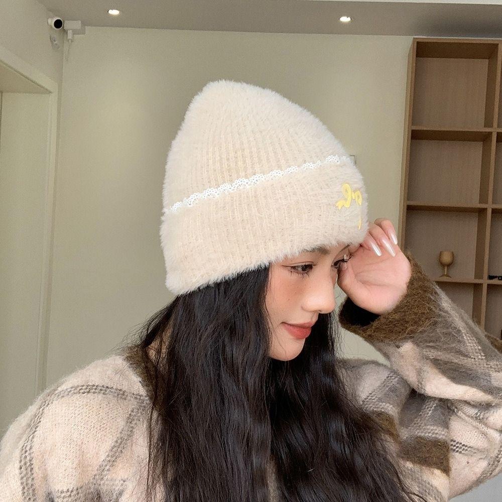 Solid Color Knitted Pullover Hat Keep Warm Ear Protection Cap Fashion Bow Beanies Ladies
