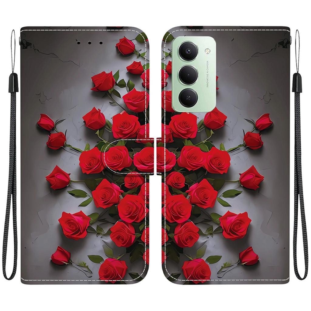 Pro Xiaomi Redmi 15 5G (Globální) (169 mm) Kožené pouzdro Stojan Peněženka Vzorový potisk Kryt na telefon s poutkem na zápěstí