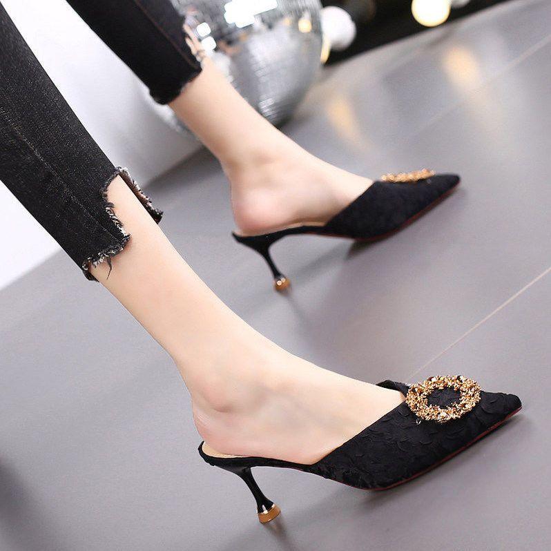 Fashion Women's Mules Slippers and Ladies Sandals Sexy Heeled Rhenstone Shoes Summer Sale Clappers Unique Non Slip Casual Pvc on Slides