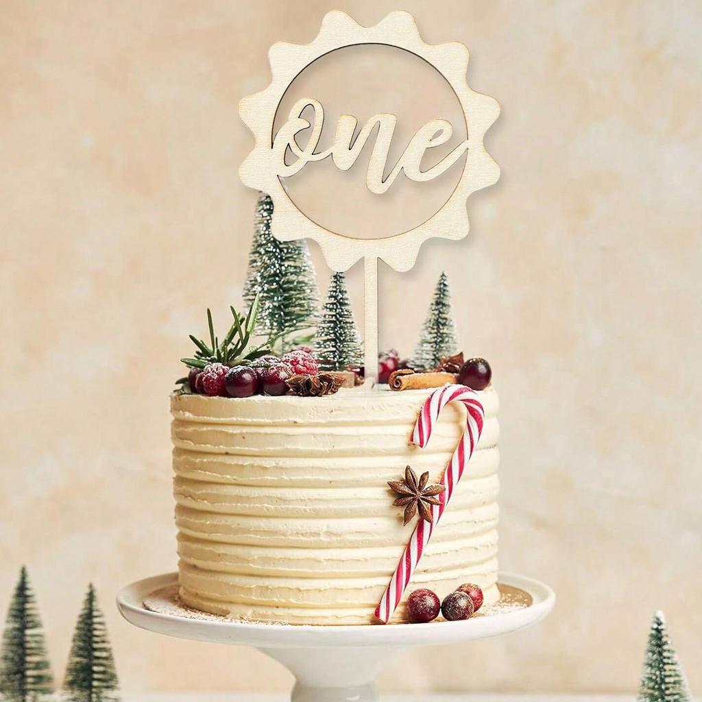 First Birthday Wood Cake Topper - One Sign 1st Cake Decorating Supplies, Suitable for Baby Shower Favors, Baby Gender Reveal