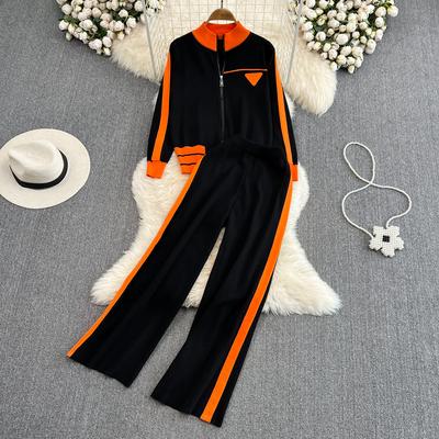 Φθινοπωρινό Πλεκτό Πλεκτό Πουλόβερ Κοντράστ Φθινοπωρινή Ολόσωμη φόρμα μπουφάν με φερμουάρ και παντελόνι δύο τεμαχίων μέχρι τον αστράγαλο