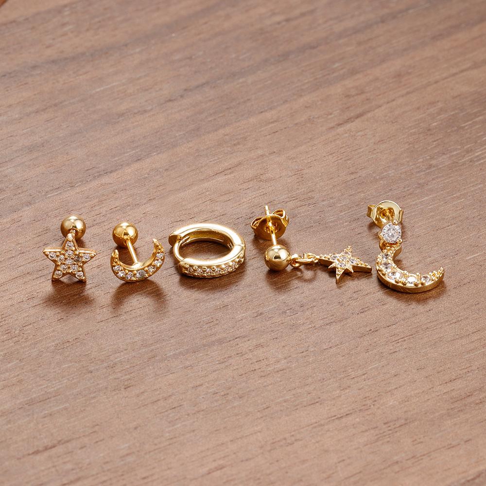 5PCS New Design Gold Color Ear Stud Earring Set For Women Zircon Star Moon Punk Piercing Earrings Helix Tragus Piercing Jewelry