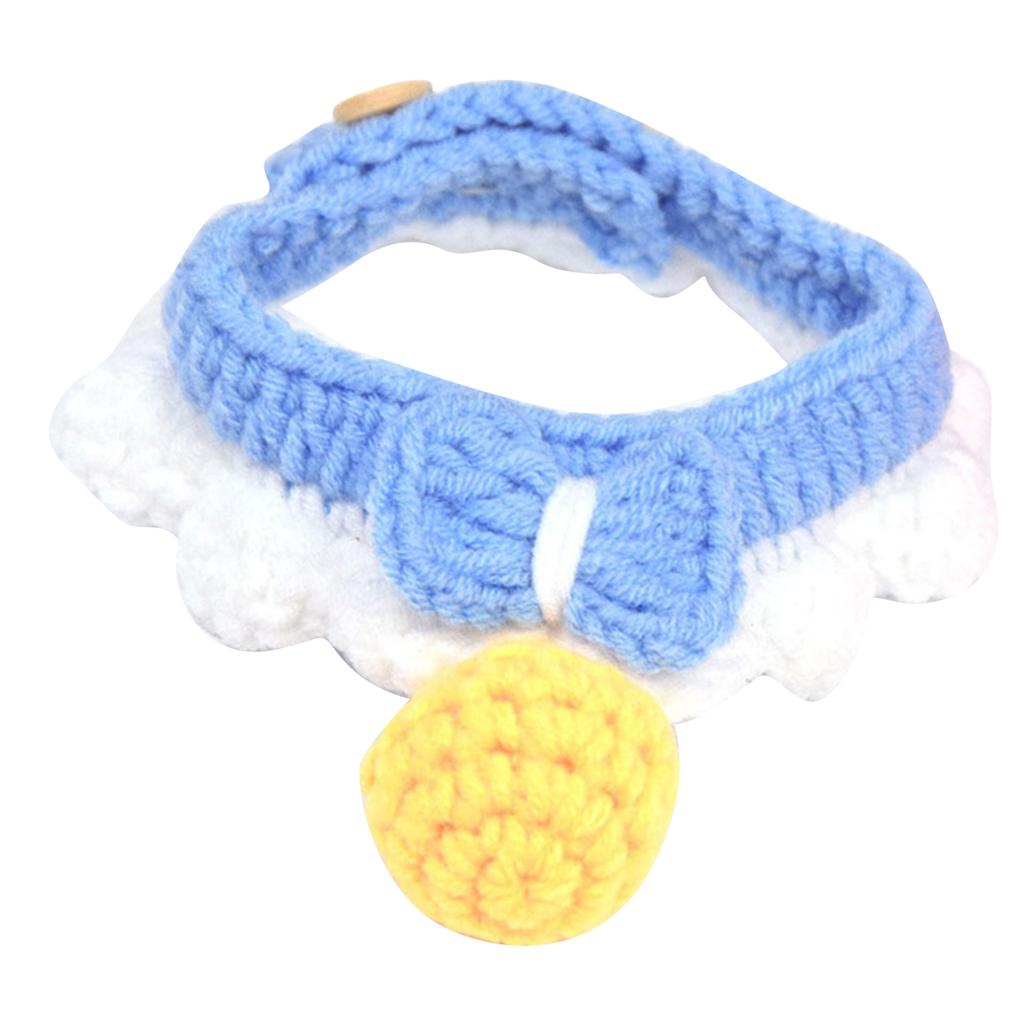 Knitting Cat Collar with Bell Bow Tie Decoration Kitten Bib Accessory Cute Pet Neck Wrap for Small Cats and Dogs Blue S