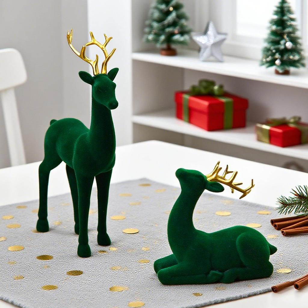 Flocking Reindeer Christmas Decor Set - Red Green Elk Statues for Workplace, Tabletop, Kitchen, Party Seasonal Display