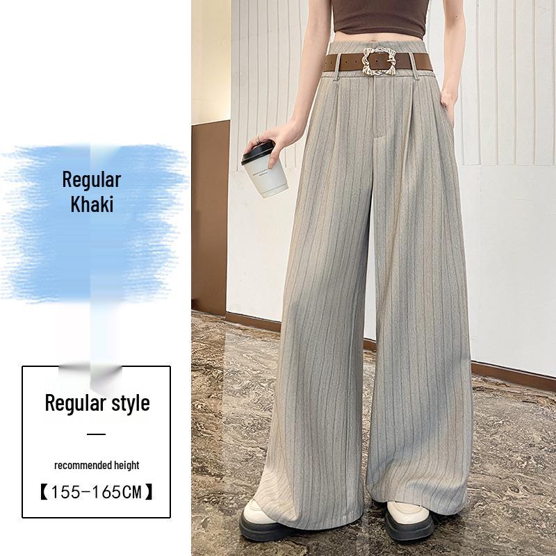 Women's High-Waisted Striped Wide-Leg Pants with Belt - Casual, Loose, Floor-Length Style