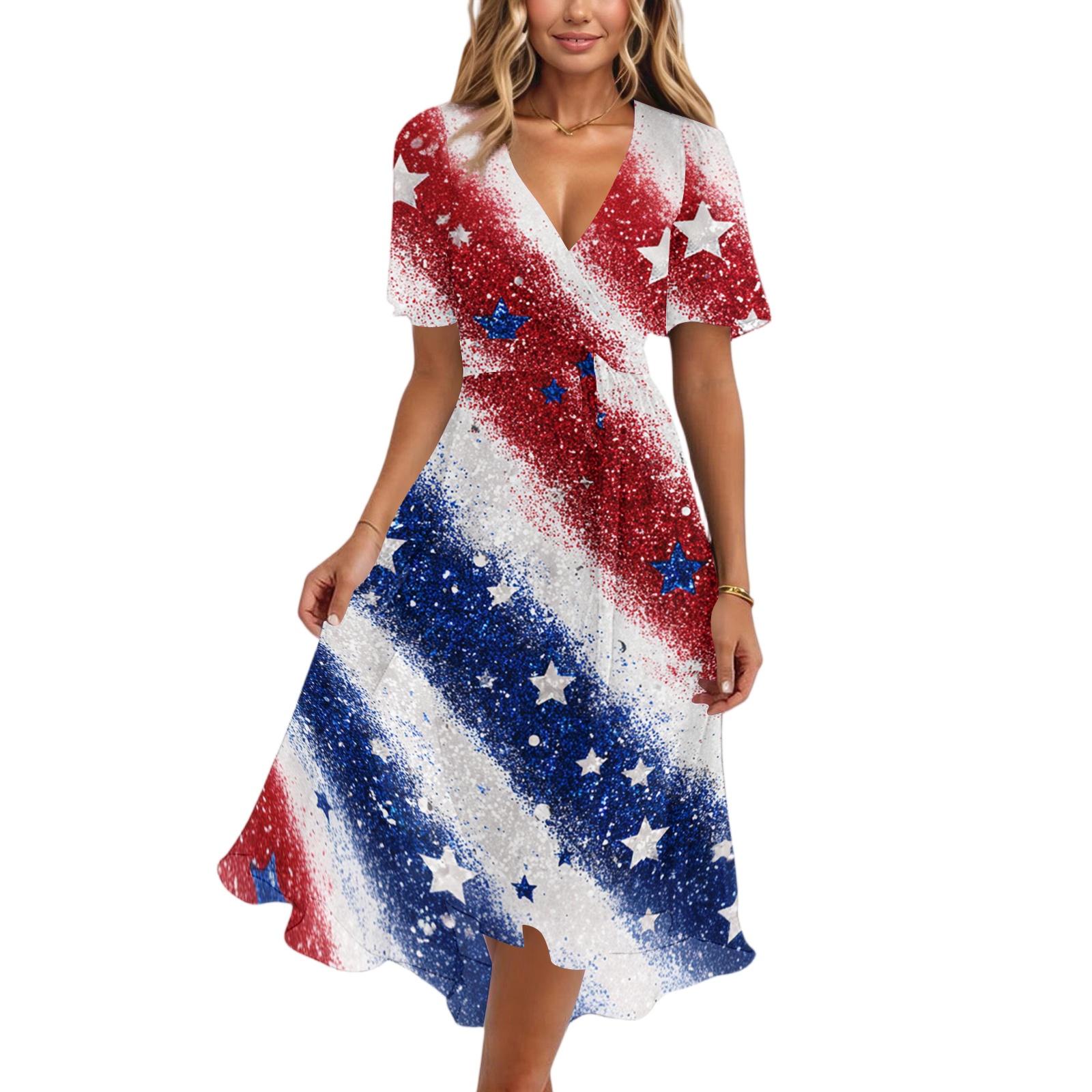 

Women’s Casual V Neck Short Sleeve Midi Dress with Abstract Print and Flowy Hem for Everyday Comfort L