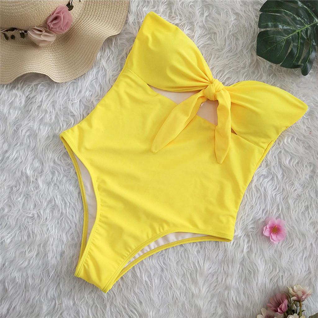 Women Strapless Bandeau Swimsuit High Waist One Piece Swimwear with Bow Tie Front Cutout Design Beachwear