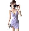 [SHUMING] V-neck Camisole Dress Mini Dress Tight Bodycon Cabaret Dress Hostess Dress Provocative Wedding Reception Sleeveless Club Dress Gathered Sexy