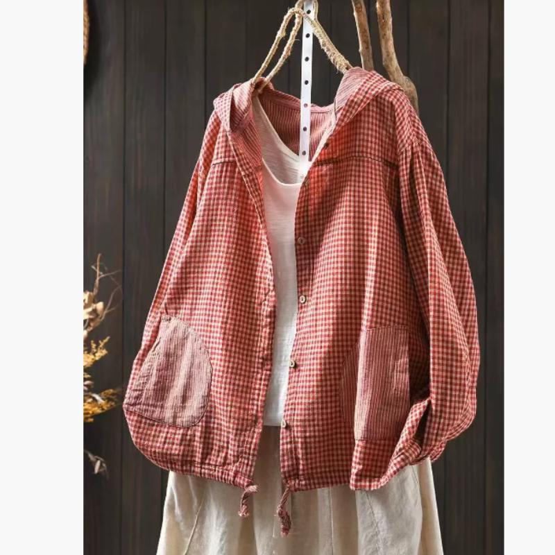 Chemise à capuche rayée en fil de coton double couche pour le printemps pour femmes, veste chemise à carreaux à manches longues