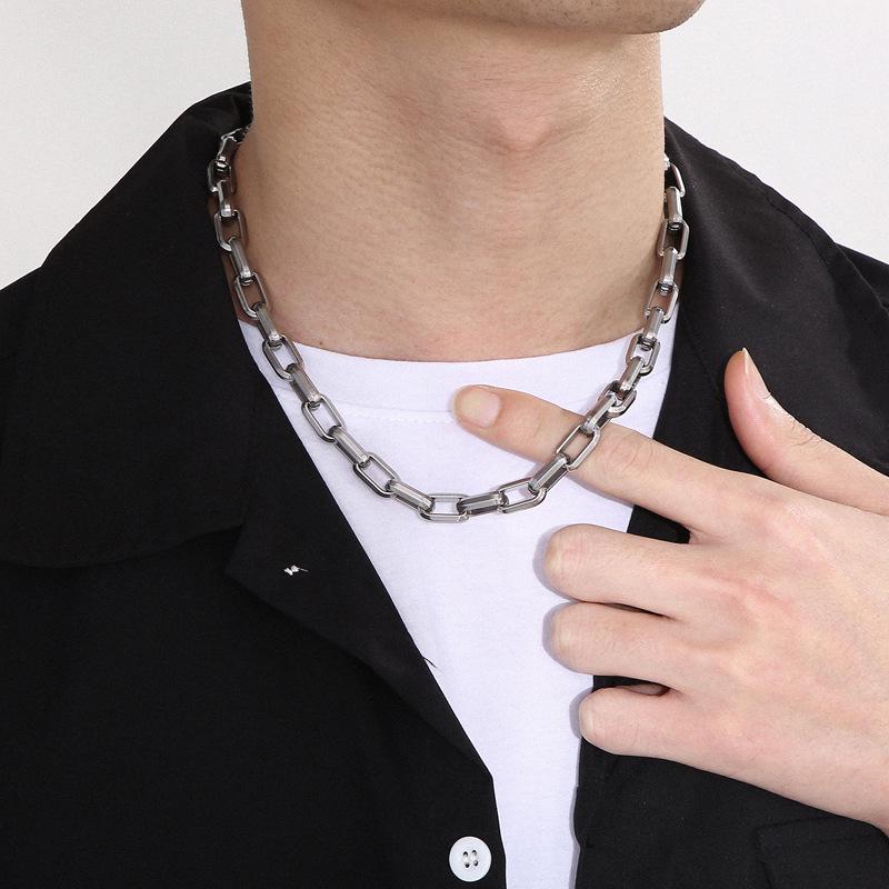 European & American Style Men's Titanium Steel Paperclip Chain Necklace & Square Bracelet