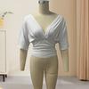 Women Tops Puff Sleeves V Neck Slim Fit Pleated Waist Pullover Tops Pure Color Summer Short Tops Daily Wear