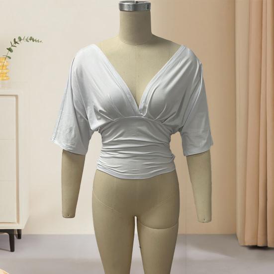 Women Tops Puff Sleeves V Neck Slim Fit Pleated Waist Pullover Tops Pure Color Summer Short Tops Daily Wear