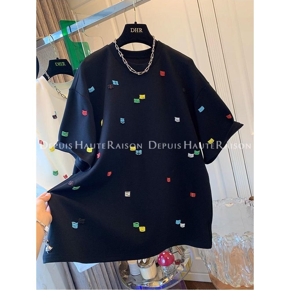 

Футболка с бисером, с короткими рукавами, корейский свободный топ для женщин, весна и лето, новый пуловер XL чёрный