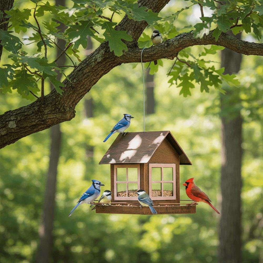Pet Supplies Hanging Bird Feeder Large Capacity House Shape Bird Feeding Equipment Metal Windproof Parrot Feeding Station Garden