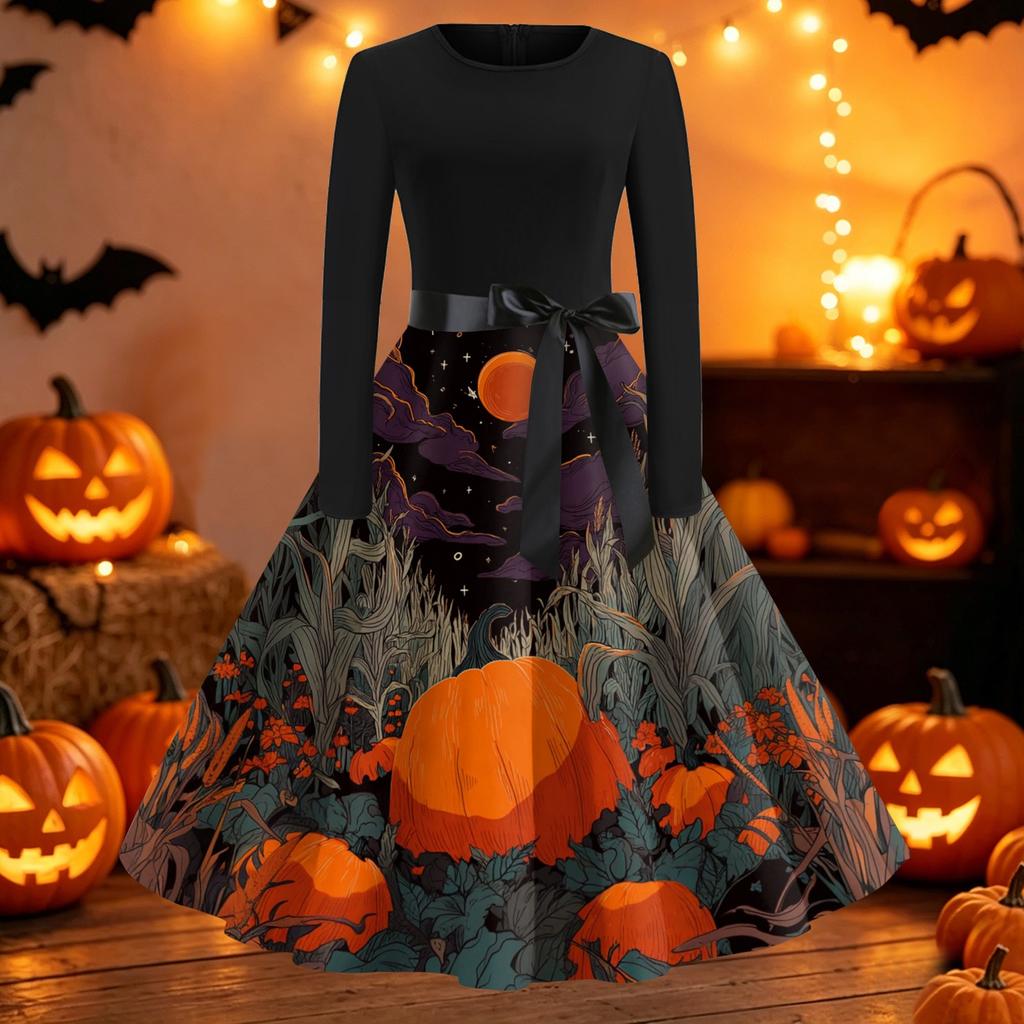 Women's Vintage Halloween Print Round Neck Casual Dress for Everyday Wear