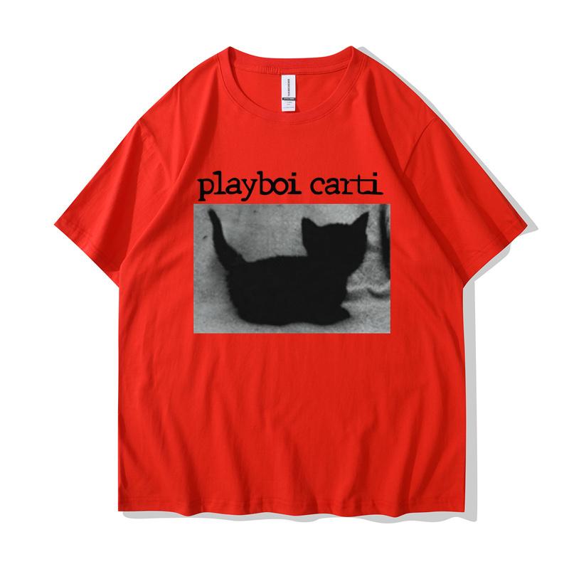 Playboi Carti Oversized Hip-Hop T Shirts Cute Cat Harajuku Print Tee Regular Mens Tops Quality Rapper Tshirt