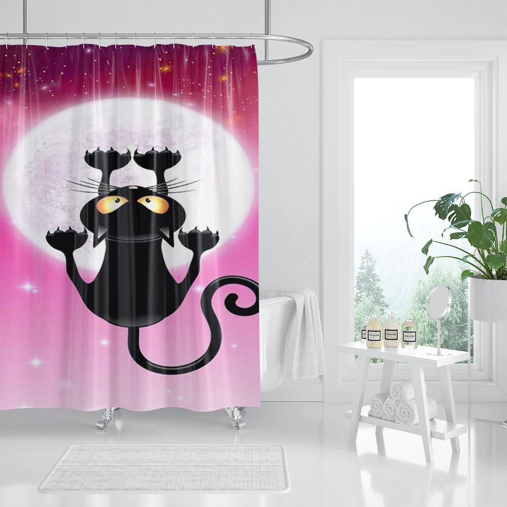Three Funny Naughty Black Cat Shower Curtain Scratching The Wall with His Paws Fabric Bathroom Decor Set Hooks White and Black