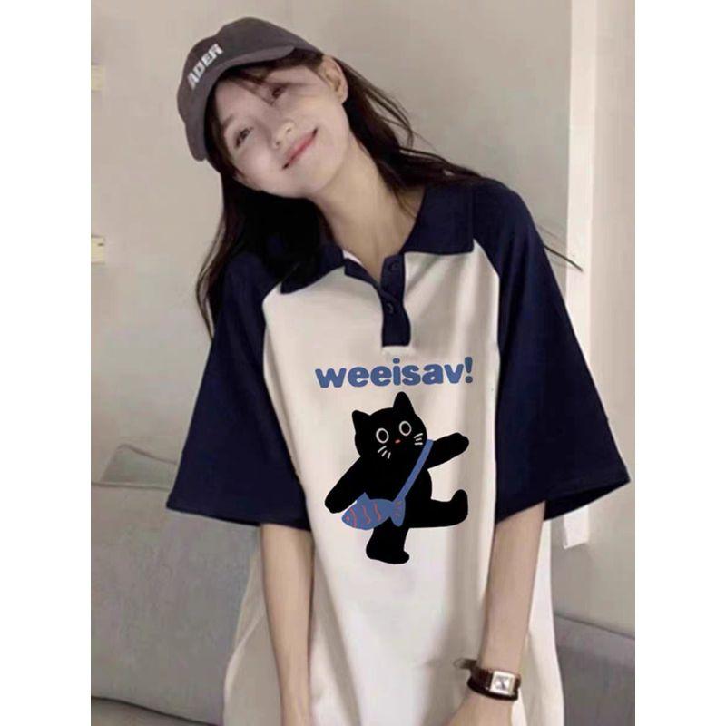 

Oversize Women s Clothing Contrast Color Polo Collar Short Sleeve T-shirt Female 100.00kg Plus Size Ladies Loose Slim Looking Tops T-shirt Fashion Light Apricot Catback Fish 3XL