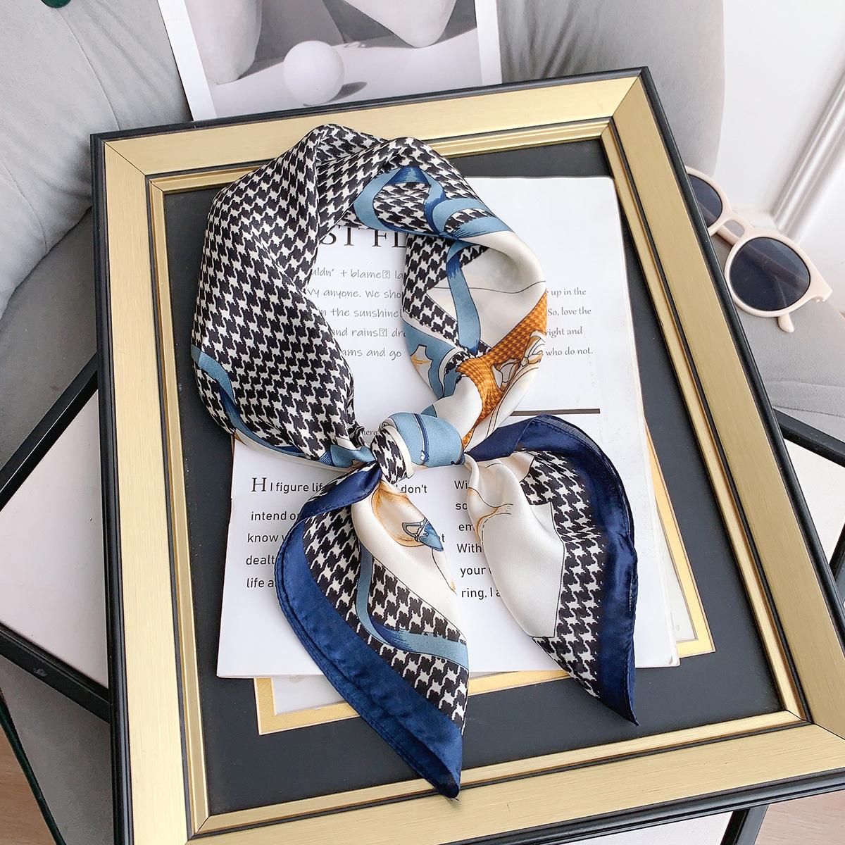 

New Thousand Birds Grid Printed Small Square Scarf Versatile Fashion Simulation Silk Scarf Femininity Neck Scarf Shawl 70*70cm
