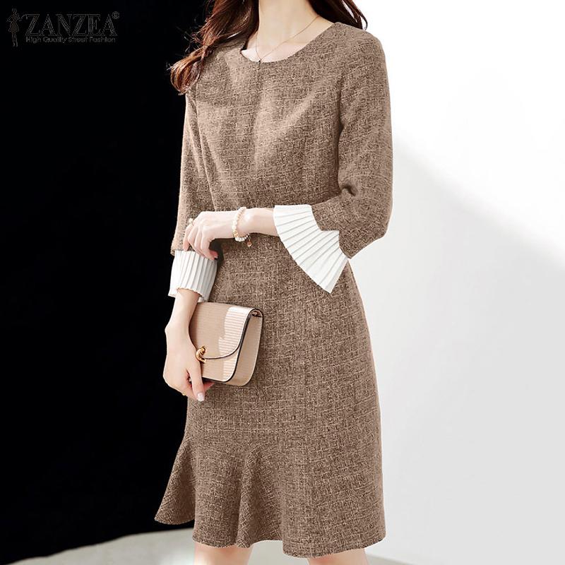 

ZANZEA Женское повседневное платье с круглым вырезом и рукавами 3/4 и оборками по краю