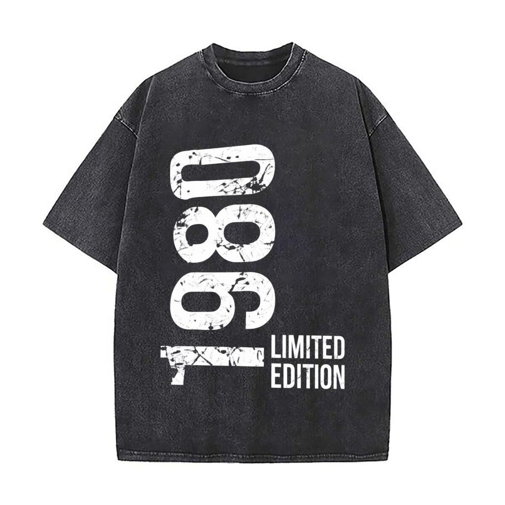 45 Years Old 1980 Limited Edition Number Design Washed Short Sleeve Loose Streetwear Tee Hip Hop