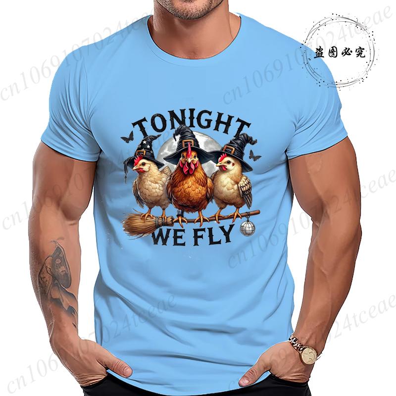 Halloween Tonight We Fly TShirt for Women Men Chicken Witches Hat Funny Casual TShirt Spooky Witch Men TShirts Clothing Tops