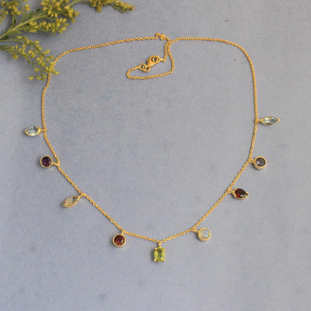 Colier din argint 925 placat cu aur galben, peridot, granat, piatra lunii, citrin, ametist, iolit, topaz albastru
