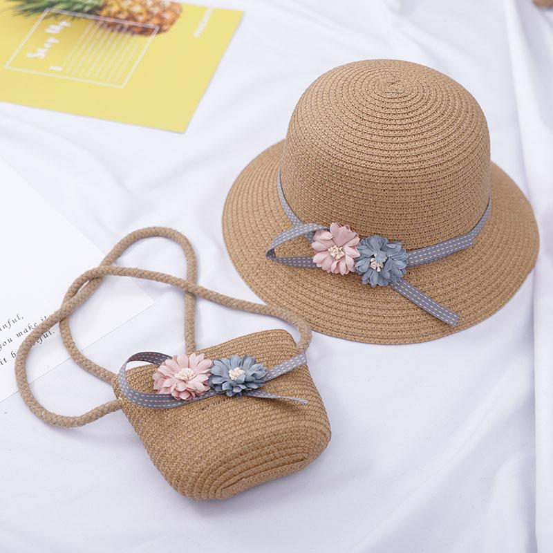 Summer Baby Straw Hat With Handbag Flower Breathable Beach Hat Bags Kids Hat Boy Girls Sun Visor UV Protection Panama Hat