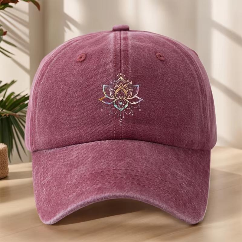 New Vintage Washed Black Baseball Cap Gradient Lotus Print Adjustable Comfortable And Versatile