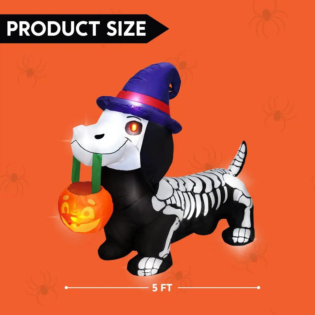 Joyfy 5 FT Pumpkin Skeleton Halloween Inflatables Light Up Wiener Dog Halloween Inflatables Outdoor Halloween Yard Decorations