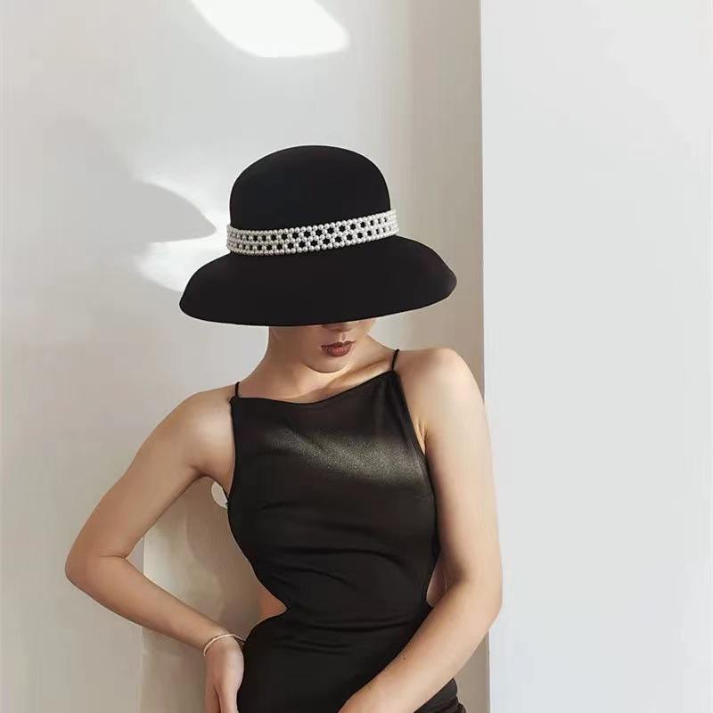 Autumn Winter 100% Wool Hat Bell Hat Women's French Elegant Retro Hepburn Autumn and Winter Celebrity Pearl Wool Felt Bucket Hat