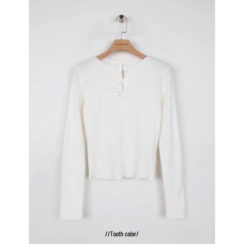 Korean Women s Bow Tie Lace Sweet Slimming Ruffle Long Sleeve T-shirt One Size белый