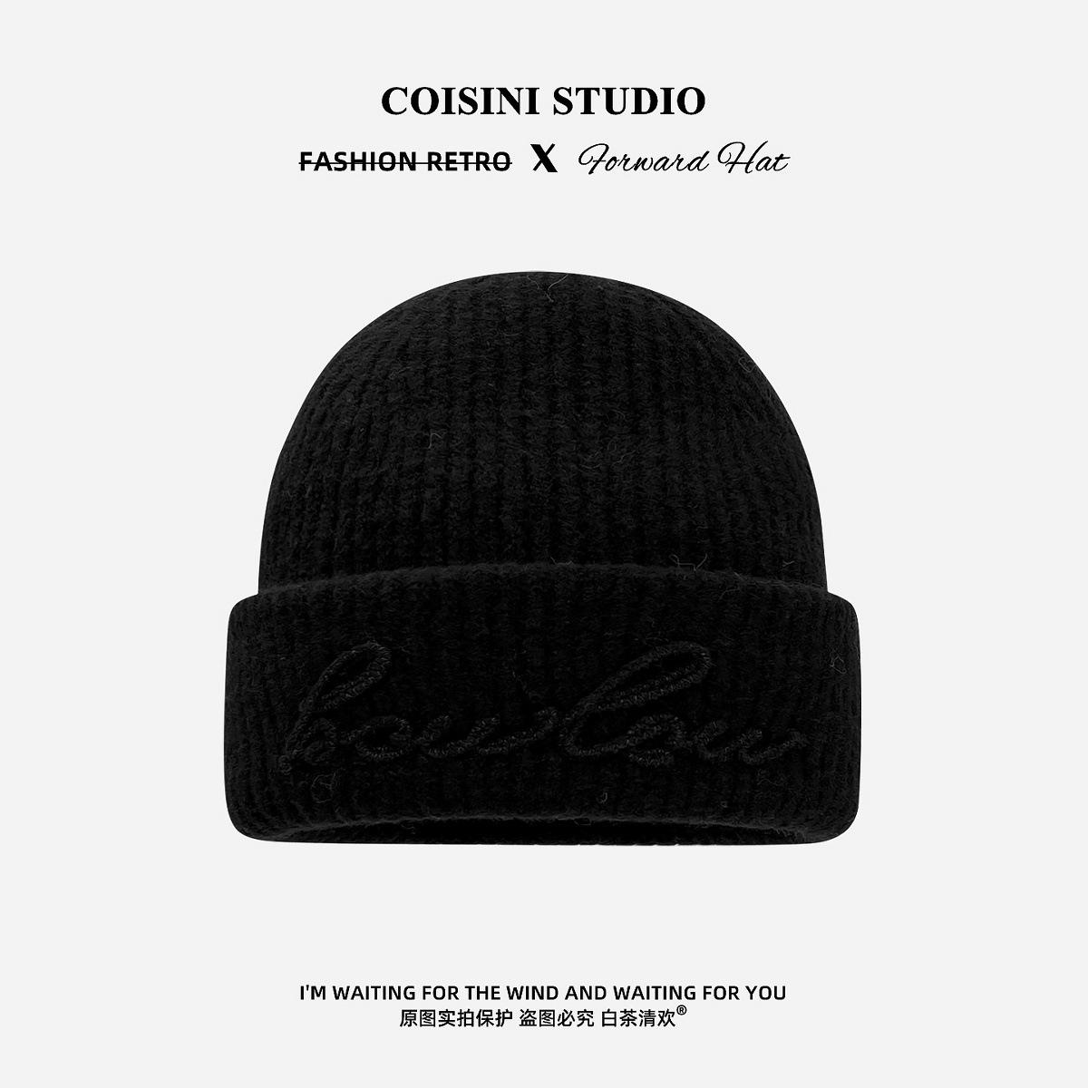 

Wool blended thickened letter wool hat women s warm ear protection versatile face small knitted hat stacking hat One size fits all чорний