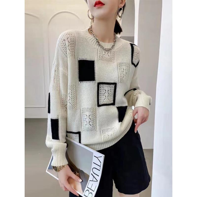 Color Blocked Checkered Knitted Sweater Top for Women Thin Retro Round Neck Mohair Sweater