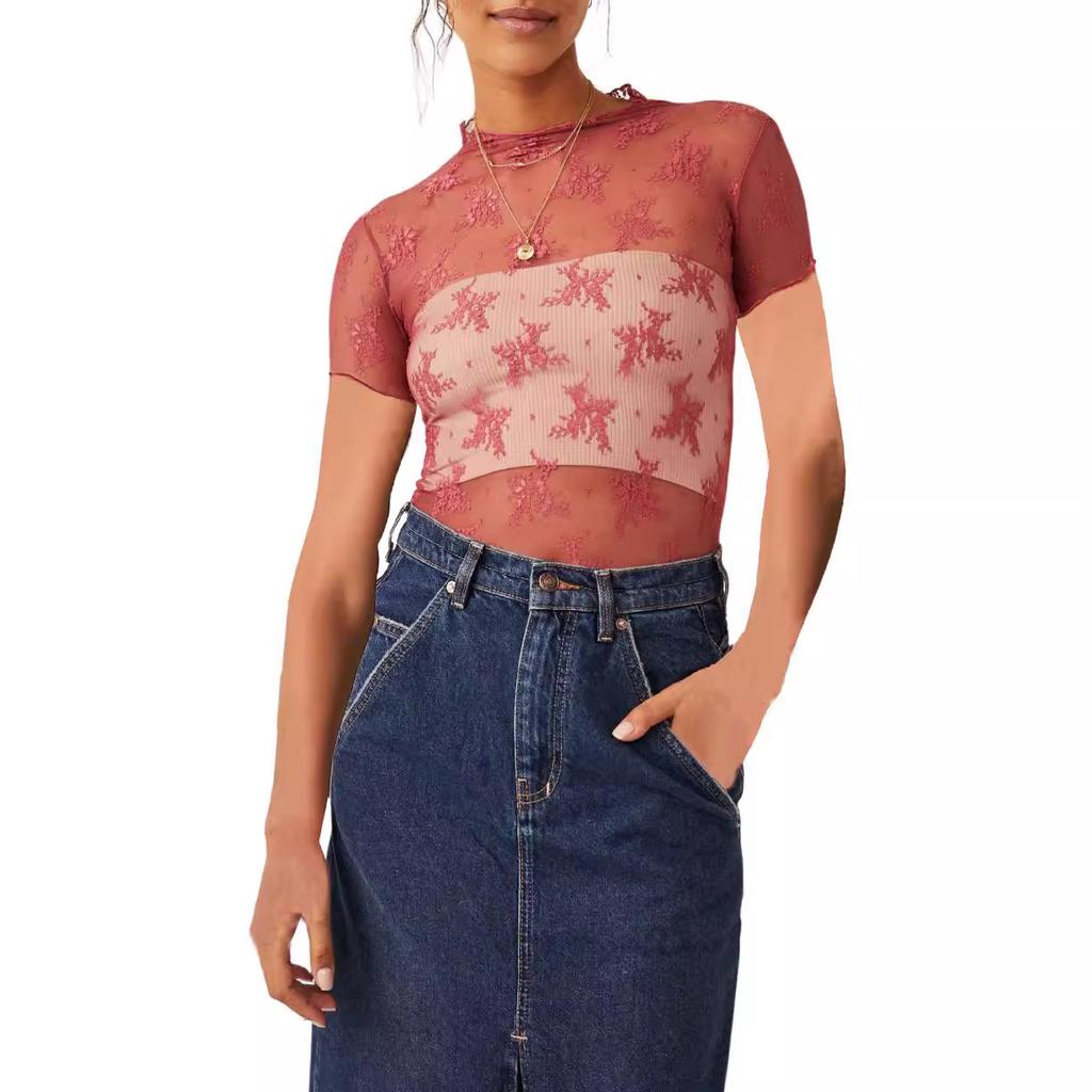 Women's Casual Solid Color Woven Semi-turtleneck Top Bottoming Shirt Sexy Long-sleeved T-shirt See-through Top