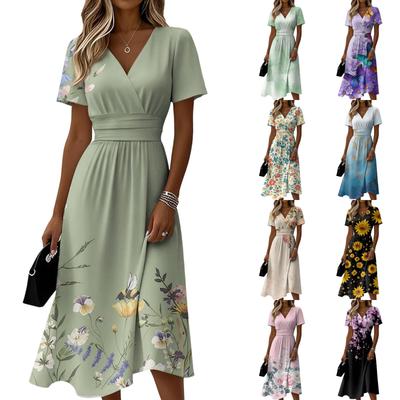 Robe décontractée à manches courtes et col en V, tendance, à fleurs, pour femme