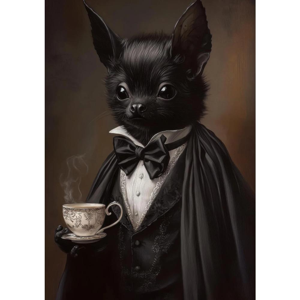 Vintage Victorian Bat Drinking Tea Poster Wall Art Canvas Painting Print Dark Academia, Gothic, Halloween Home Decor 21X30CMNo Framed