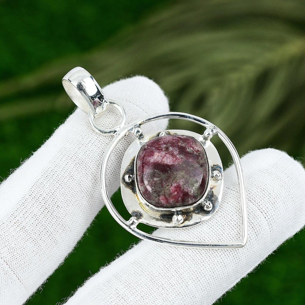 Natural Thulite Gemstone Pendant Handmade 925 Sterling Silver Indian Jewelry