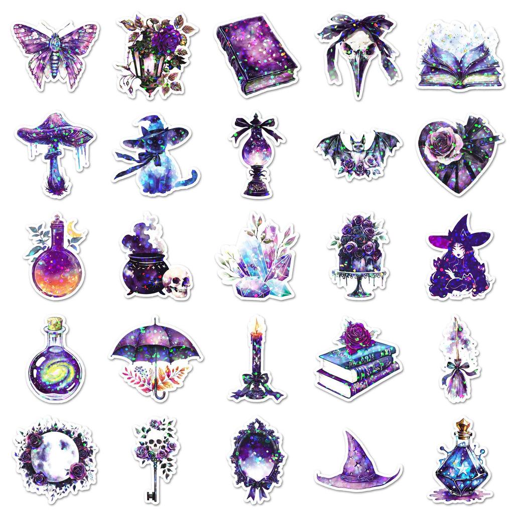 50 Holographic Witch Stickers: Waterproof Halloween Magic Film Sheets