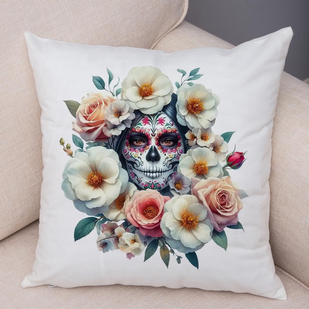 Vibrant Dahlia Sugar Skull Pillowcase Double Print Red Rose Skull Cushion Cover Soft Plush Pastel Floral Skull Pillowe Case