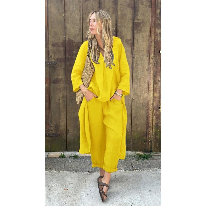 

Летний новый стиль женский костюм-двойка большого размера из хлопка и льна, брюки свободного кроя с высокой талией, однотонный повседневный костюм с длинным рукавом 5XL жёлтый