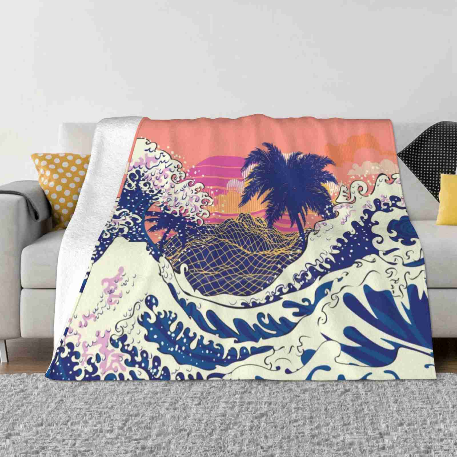 The Great Wave And Palms Creative Design Light Thin Soft Flannel Blanket Decorative Abstract Hokusai Fuji Tropical Retrowave 30x40in