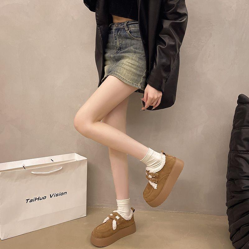 Low top plus winter slope heel college wind hair fleece snow boots fluff thin Birkenstock cotton shoes women's tide muffin