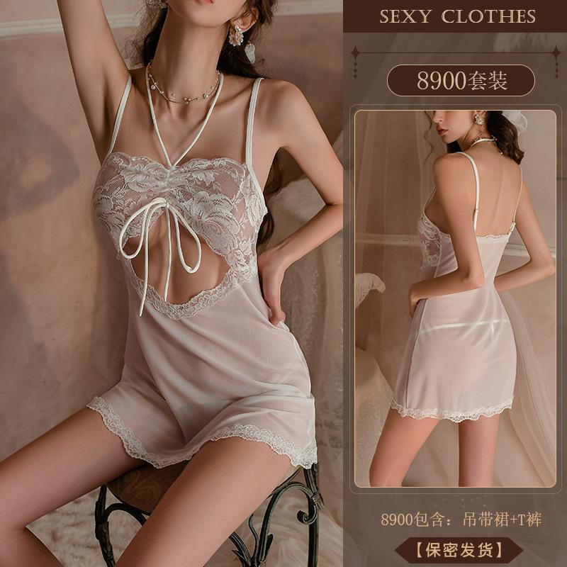 Original Erotic Lingerie, Sexy and Pure, Lace Seductive Nightgown, See-through and Hot, Beautiful Back Pajama Uniform, 8900