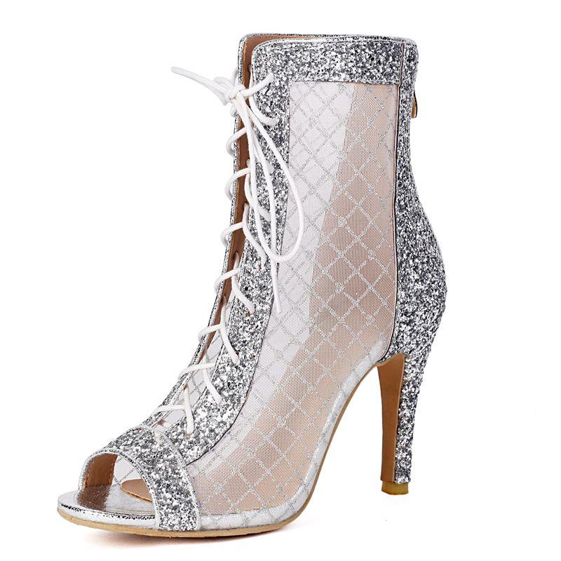 

Мода 2025 Женские Сандалии Пип-То Тонкий Каблук 9,5 см Молния Шнуровка Блестящие Сексуальные Туфли для Свиданий Вечеринки Большой Размер 46 47 48 39 серебряный