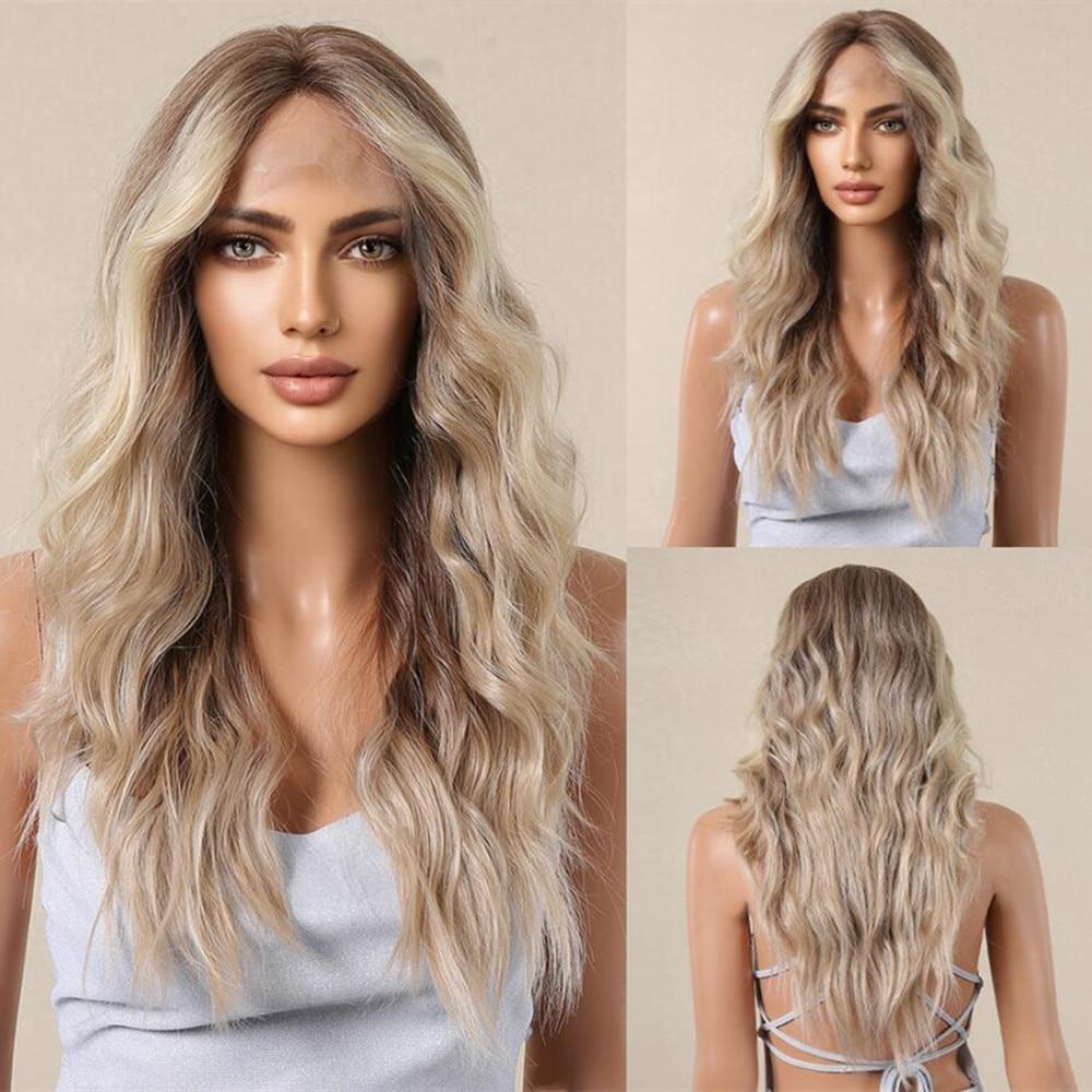 ALAN EATON 13*4 Lace Front Brown Synthetic Wigs Ombre Wave Lace Wig Natural Looking Wig with Baby Hair for Daily Women Fake Hair